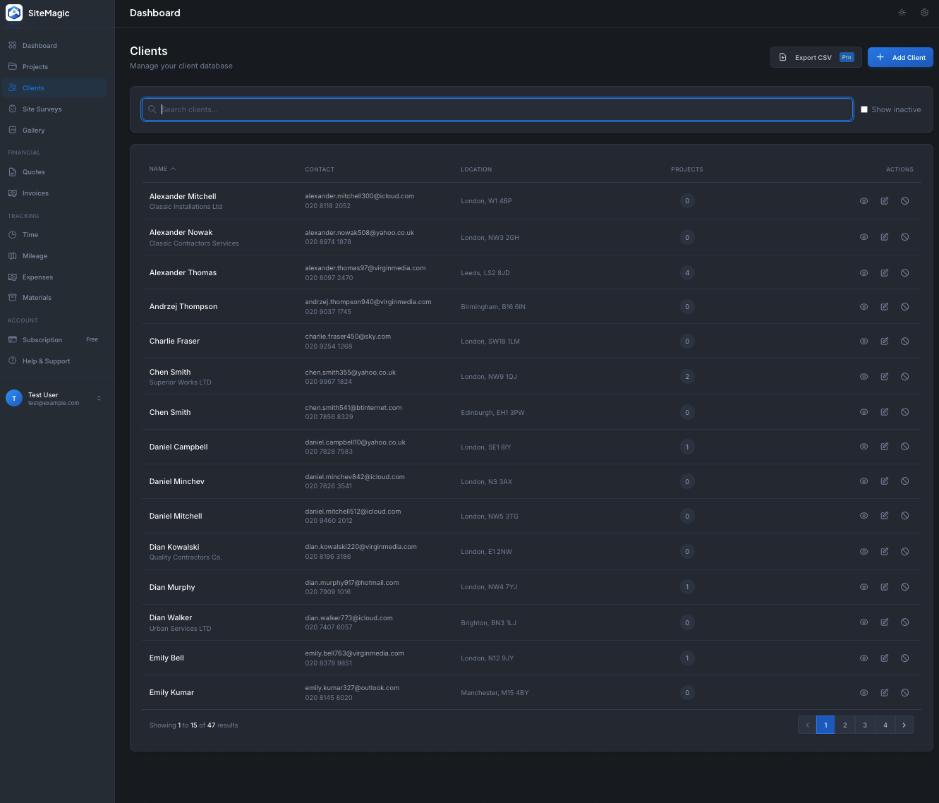 Client list dashboard in SiteMagic
