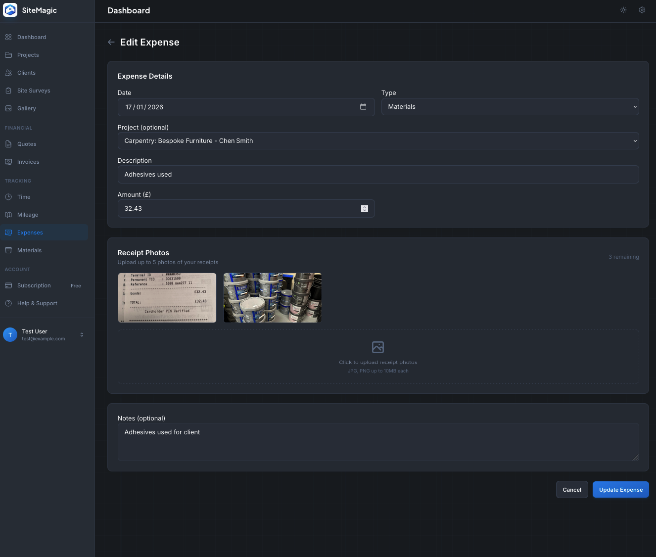 Expense tracking dashboard in SiteMagic