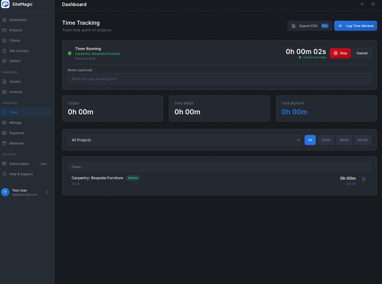 Time tracking dashboard in SiteMagic
