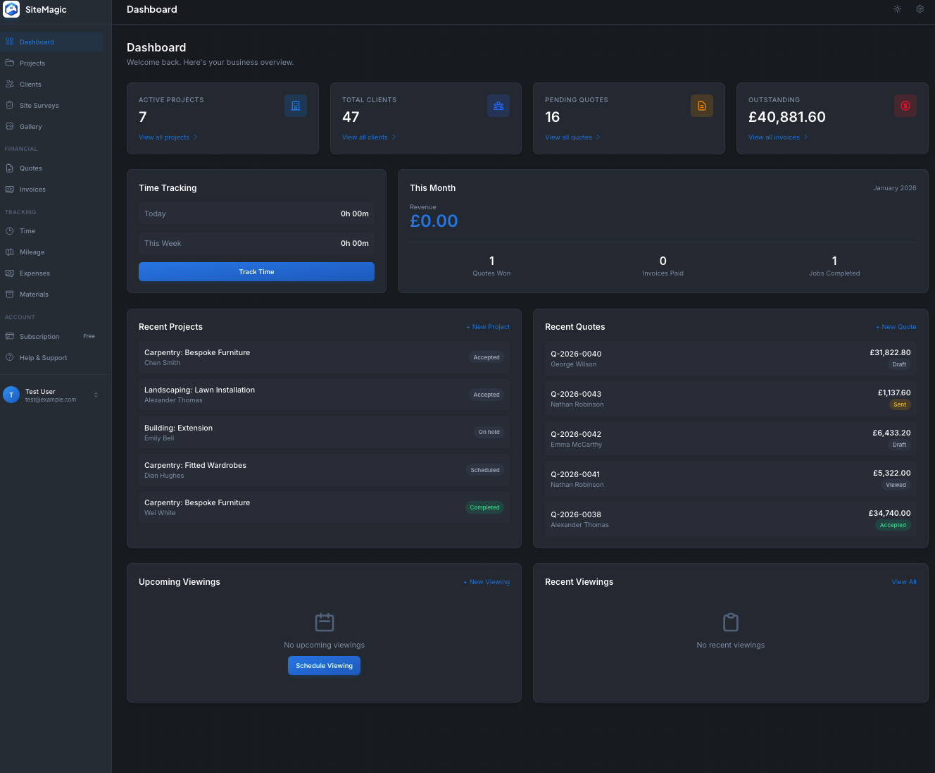 SiteMagic Dashboard - Manage your trade business in one place