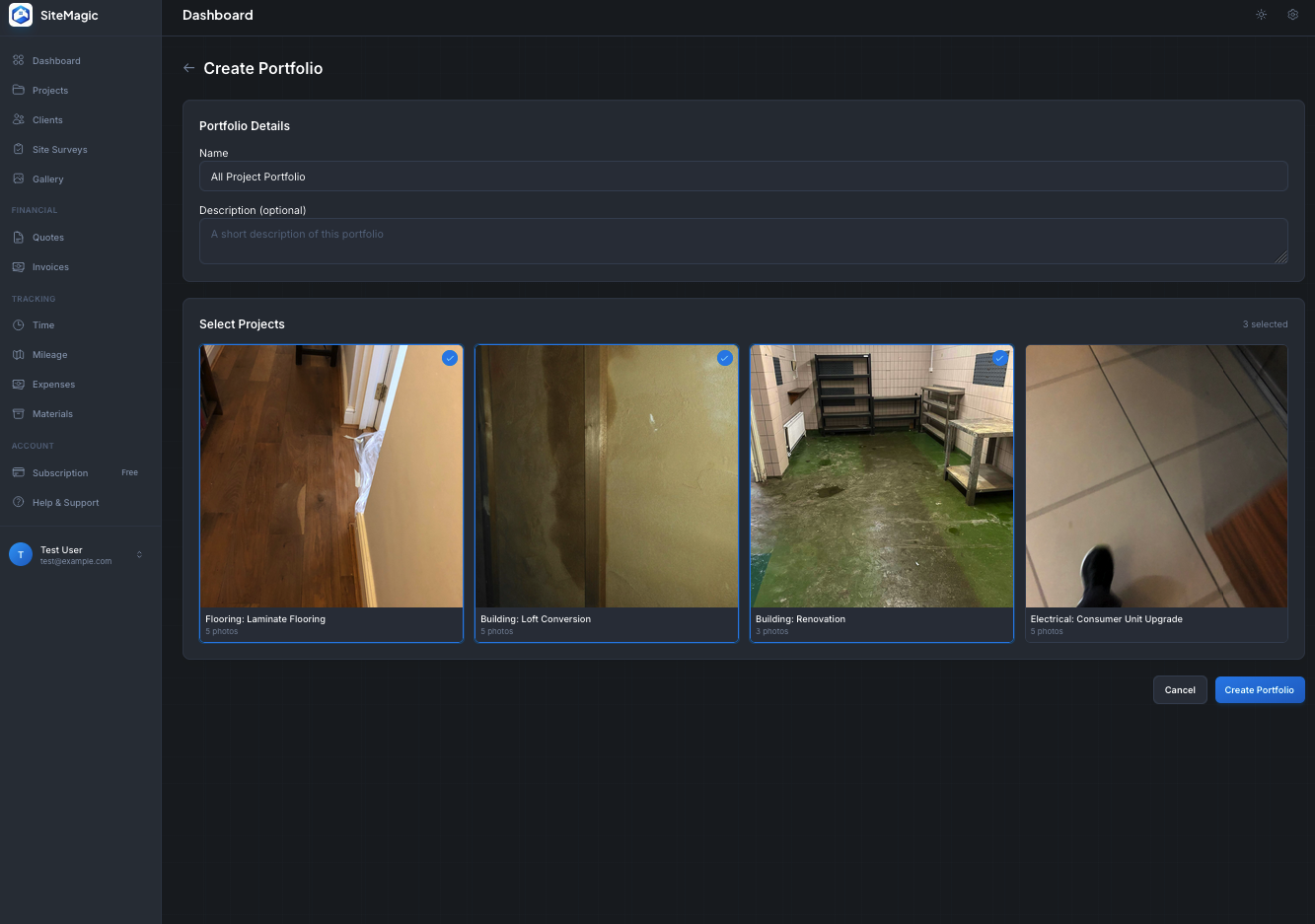 Portfolio showcase in SiteMagic