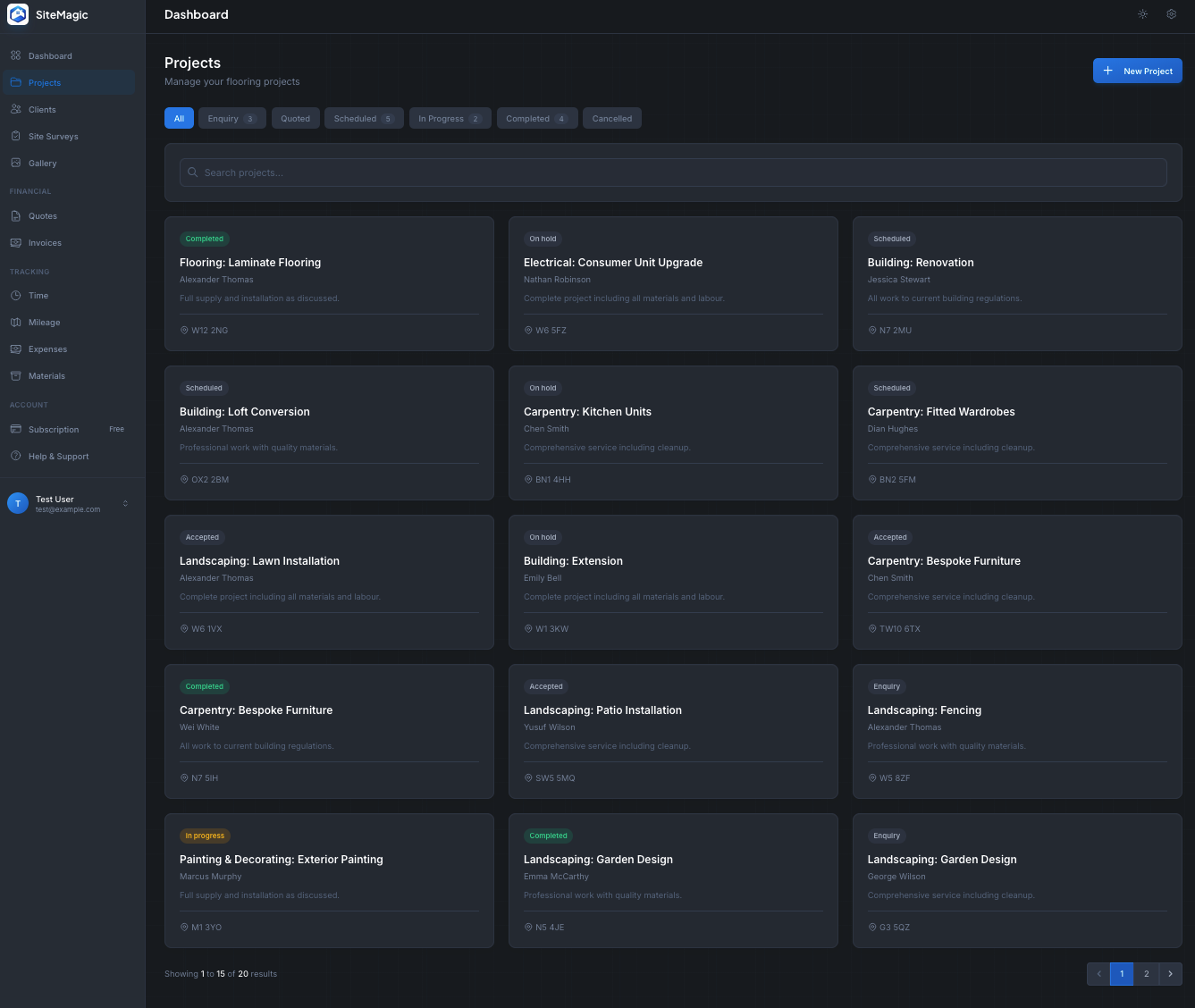 Client project history in SiteMagic