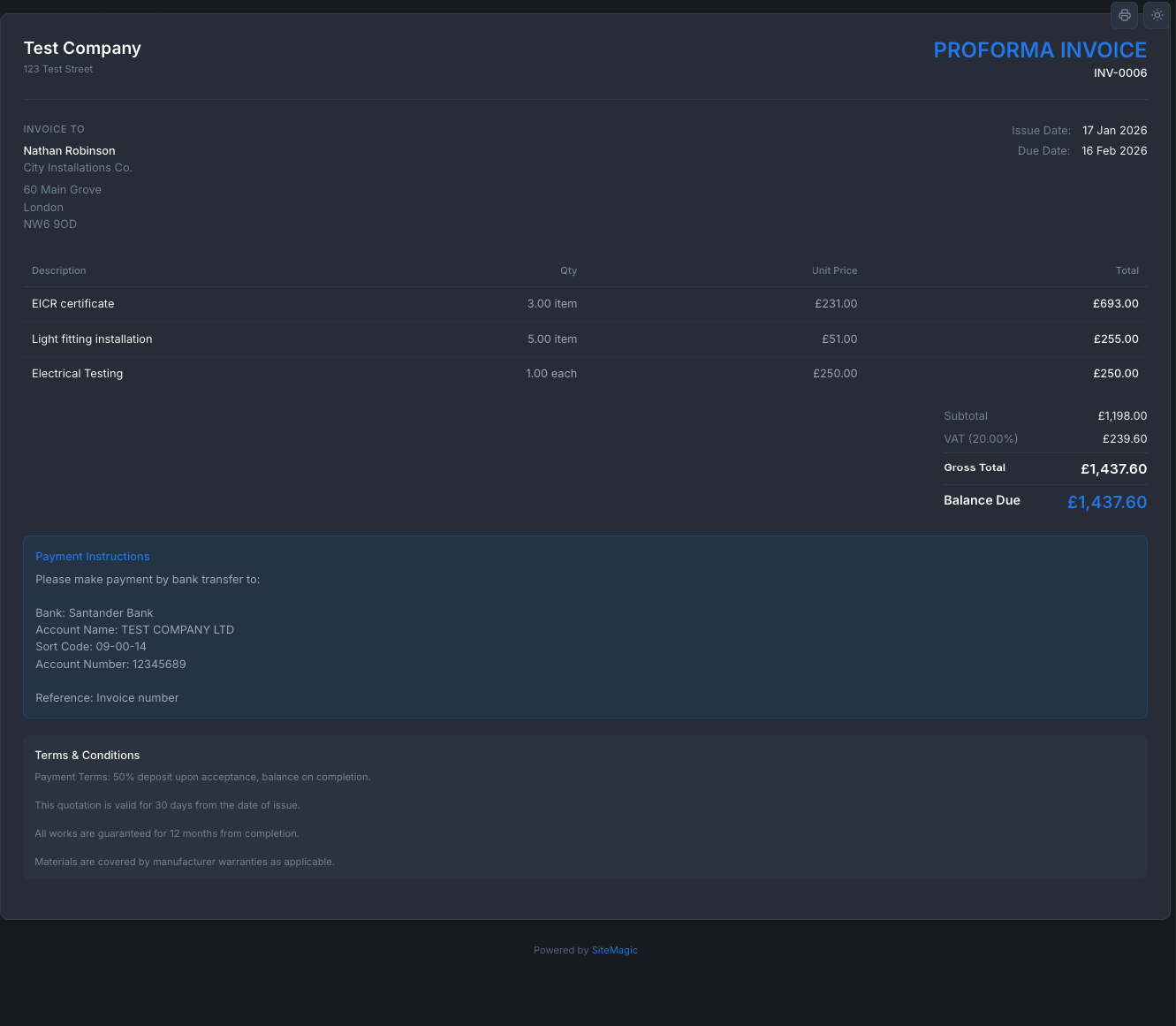 Professional invoice design in SiteMagic